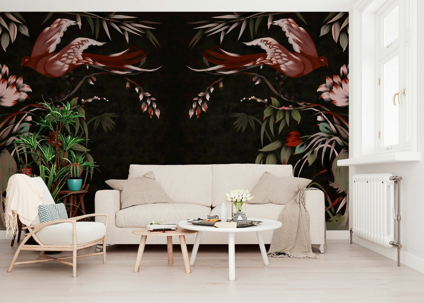 Floral Flight wall mural inspired by Joseon-era art featuring delicate blossoms and graceful birds.