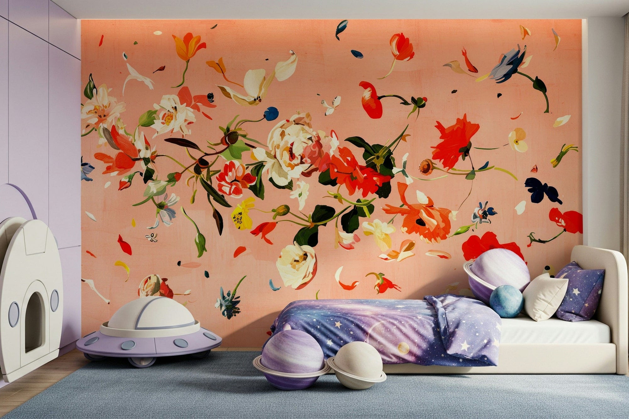 Floral Flush wallpaper mural of coral watercolor blooms with a lavender UFO toy and galaxy bedding