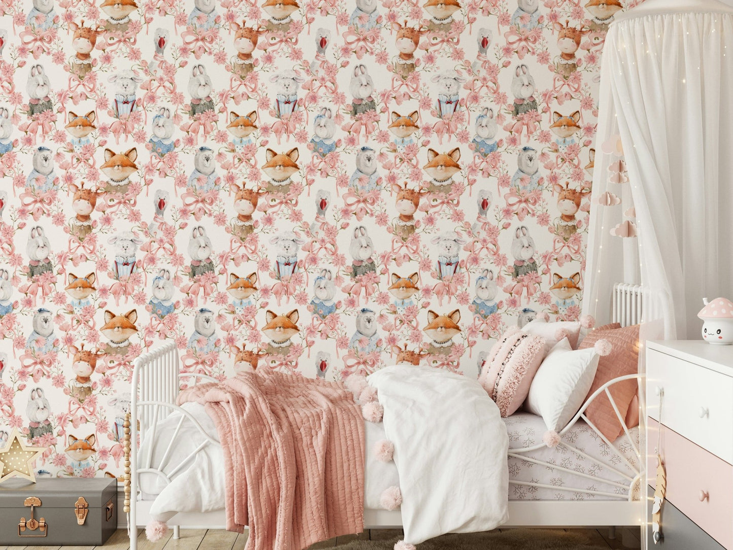 Stylish adorable animals seamless repeat Floral Friends wallpaper.