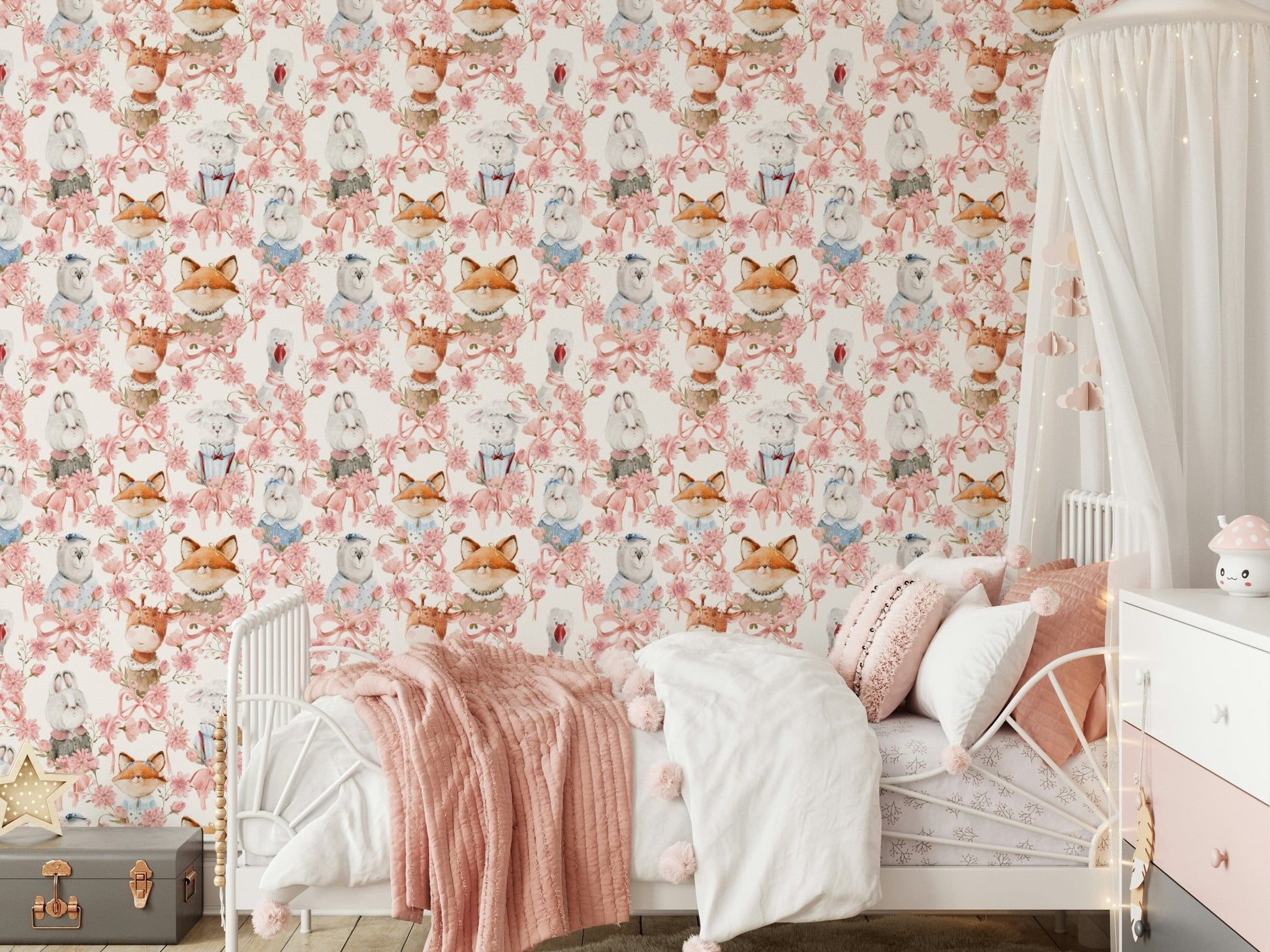 Stylish adorable animals seamless repeat Floral Friends wallpaper.