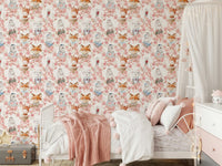 Stylish adorable animals seamless repeat Floral Friends wallpaper.