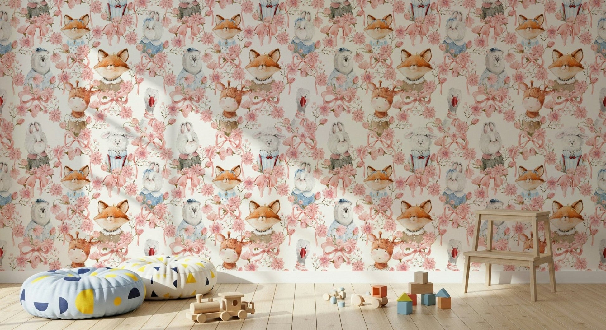 Whimsical woodland creatures baby room Floral Friends wall art print.