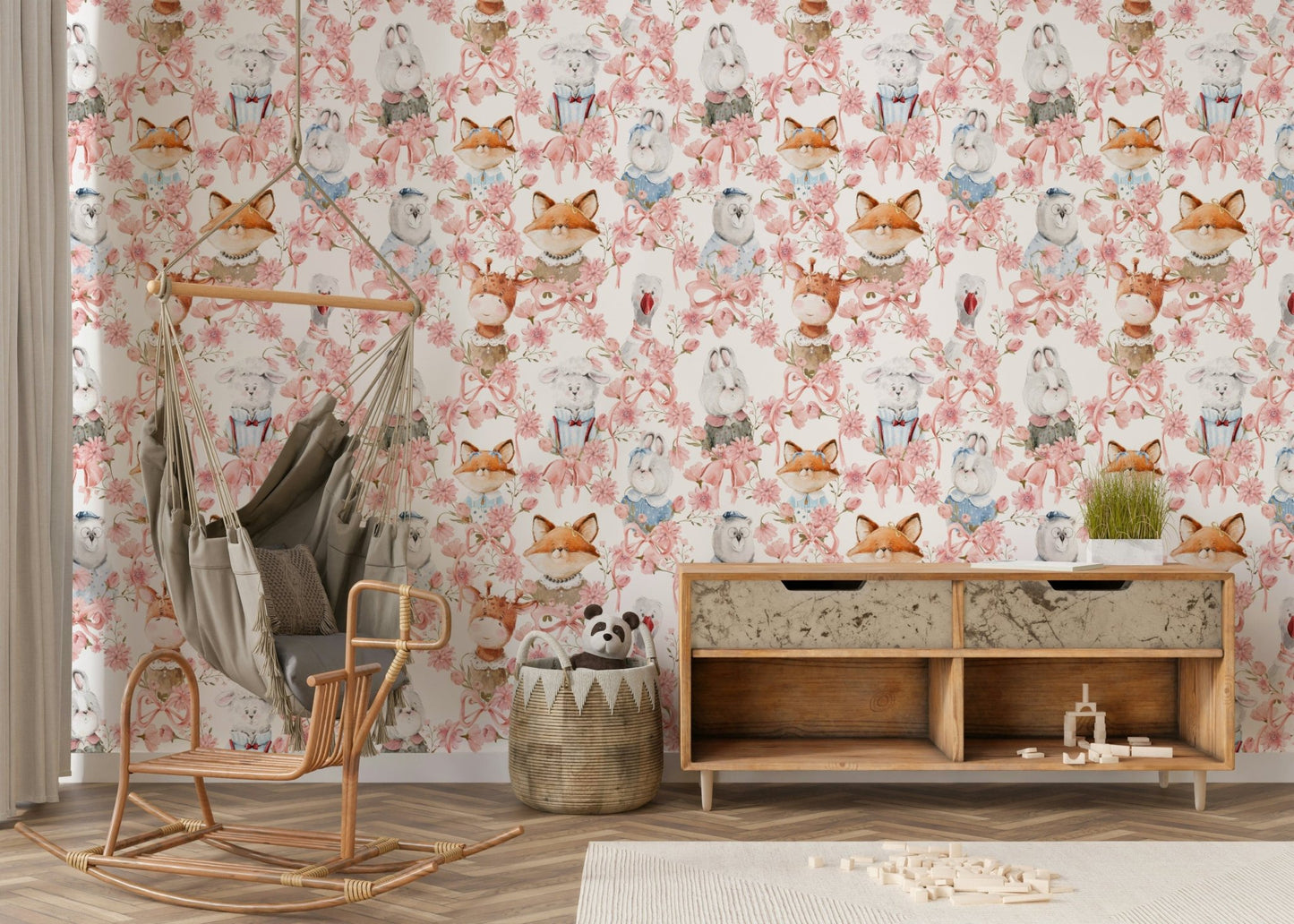 Soft vintage look patterned fabric paper Floral Friends wall mural.