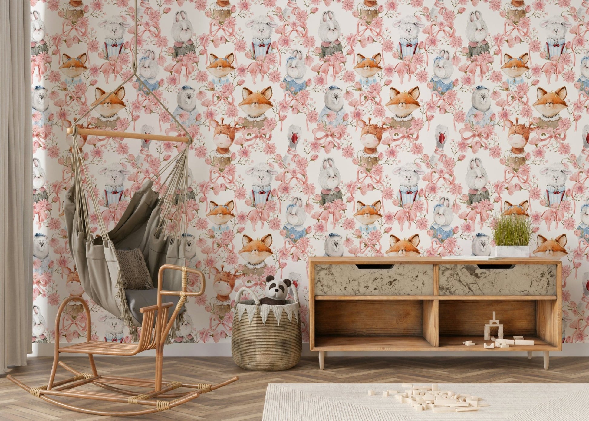 Soft vintage look patterned fabric paper Floral Friends wall mural.