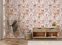 Soft vintage look patterned fabric paper Floral Friends wall mural.