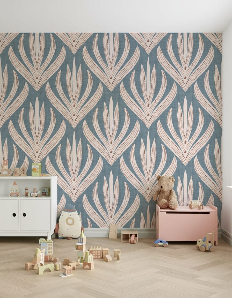 Floral Geometry in Muted Blue wallpaper with detailed cream botanical designs arranged in a seamless repeat.