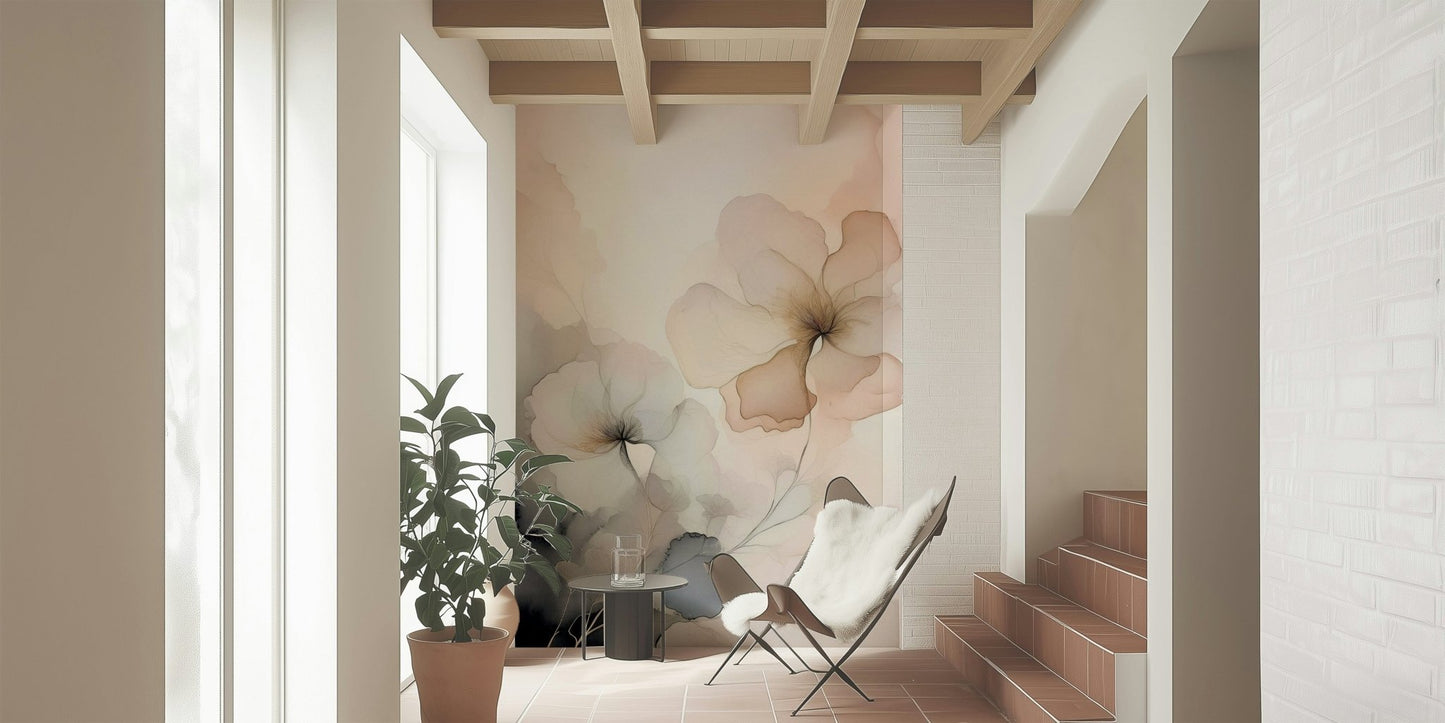 Floral Haze design mural with gentle, faded flowers for a serene and elegant interior look.
