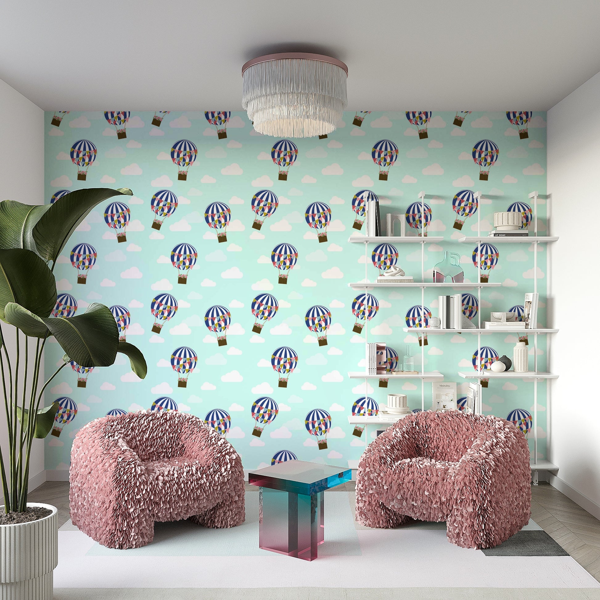 Whimsical floral hot air balloons wallpaper for cheerful spaces

