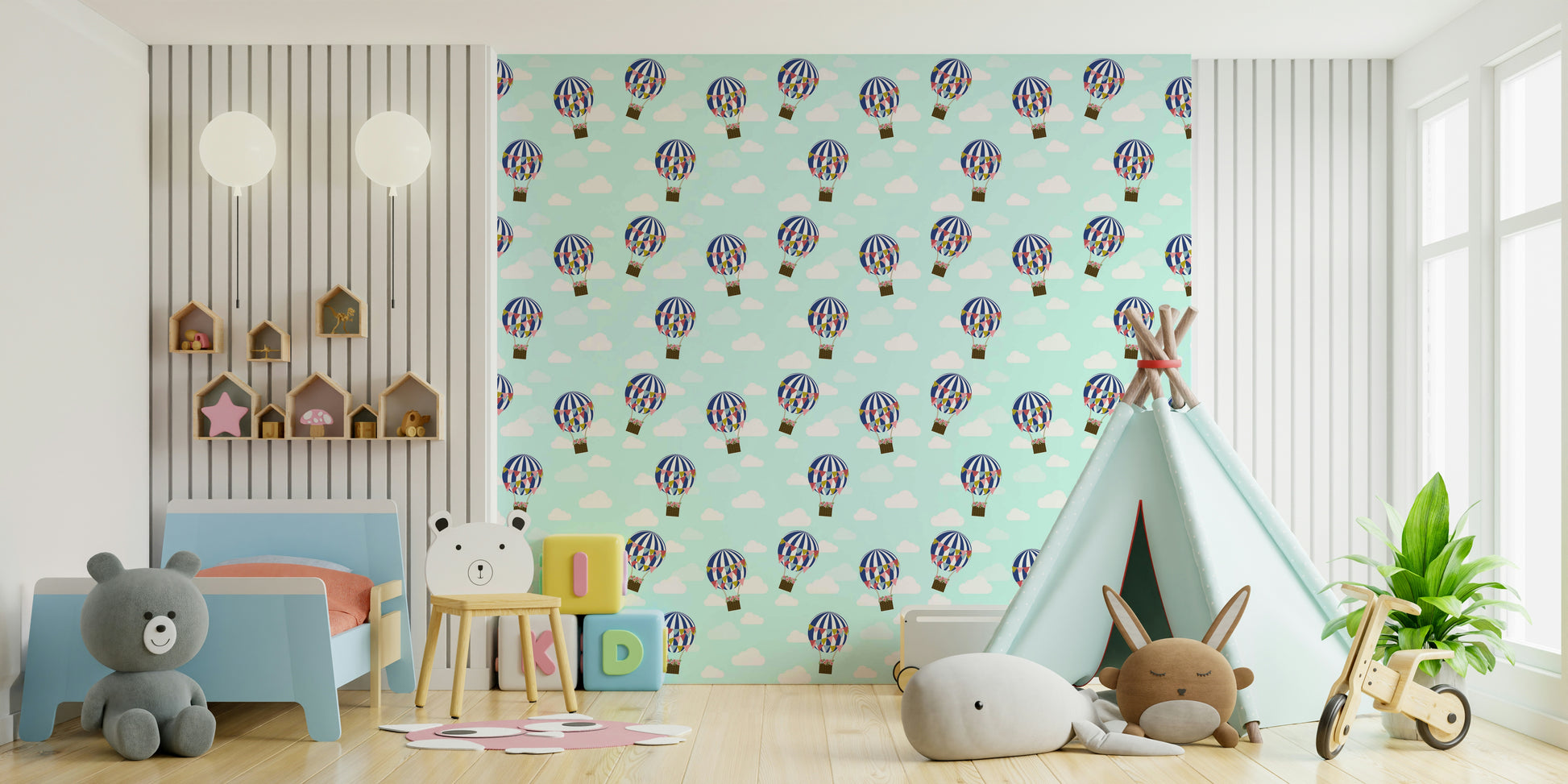 Bright and colorful floral hot air balloons wallpaper for kids' rooms

