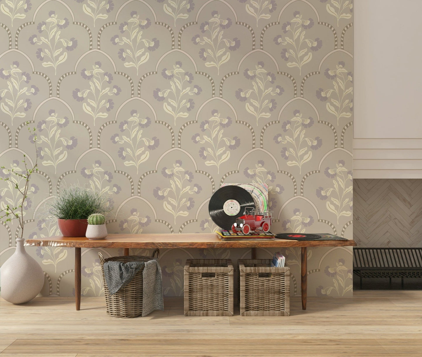 Floral Lattice wallpaper elegant lavender bloom pattern.