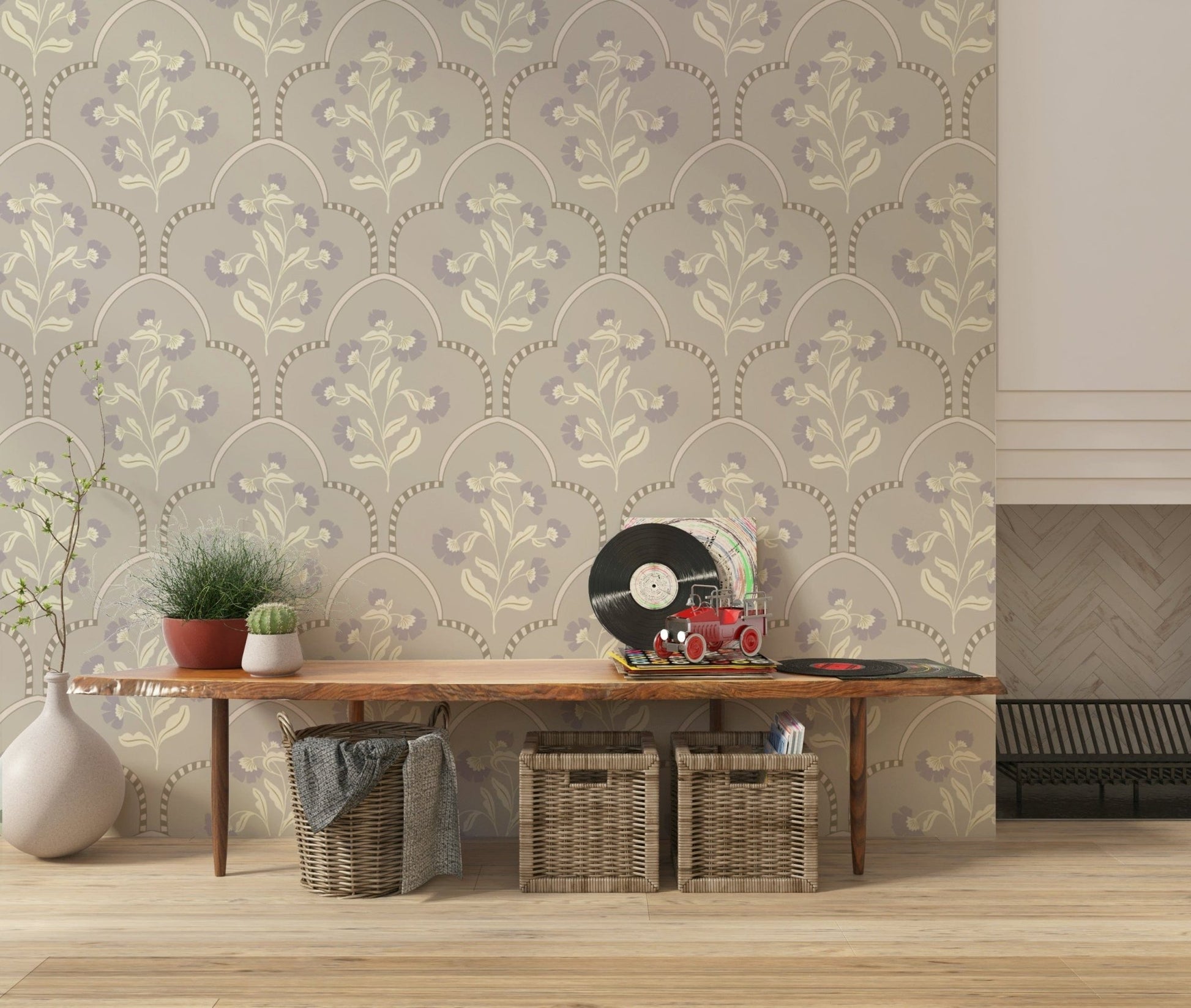 Floral Lattice wallpaper elegant lavender bloom pattern.