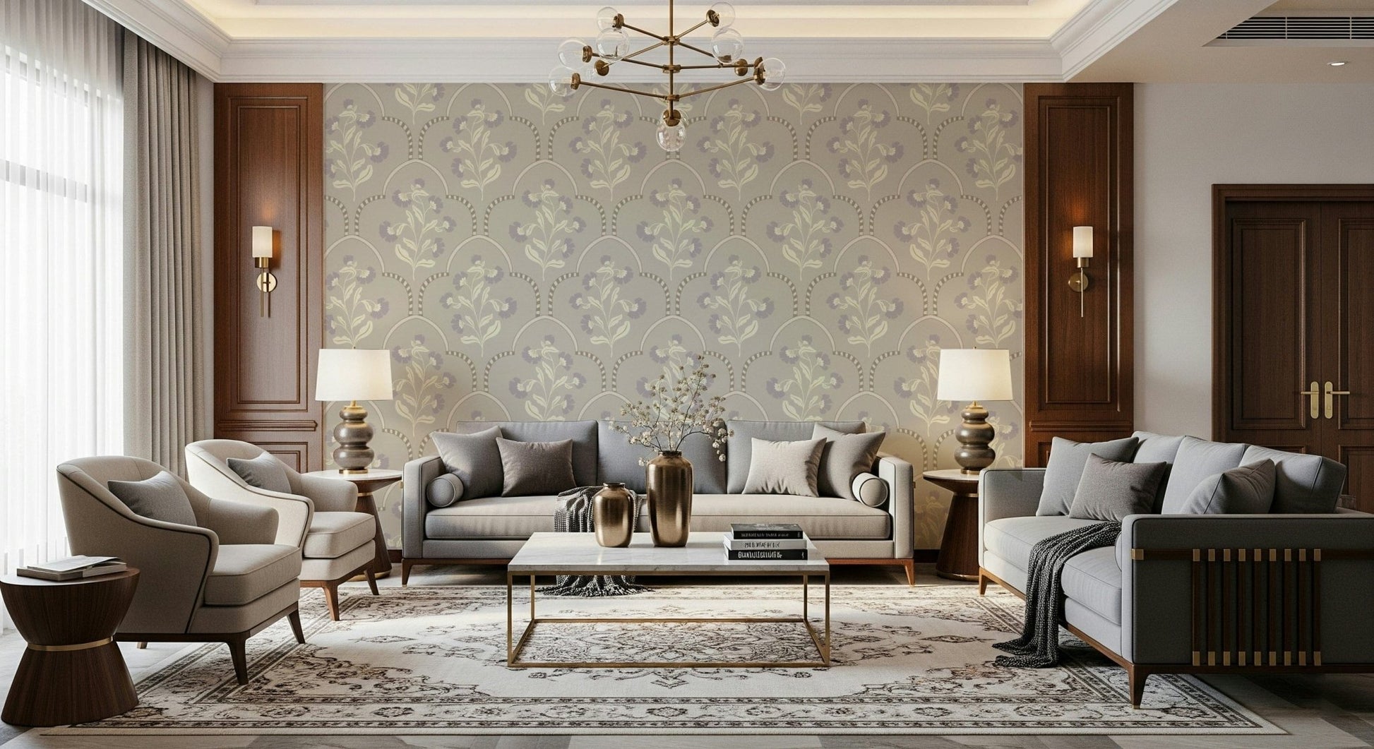 Artistic Floral Lattice wall mural intricate archival pattern.