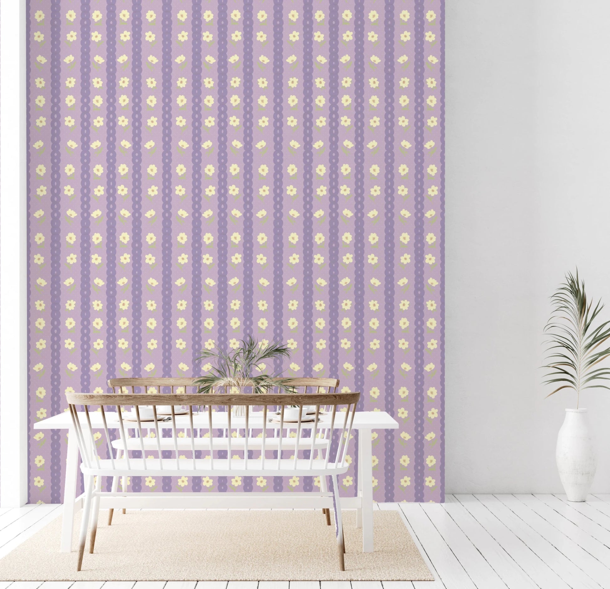 Floral Lavender Stripe wallpaper mural in a dining room behind a white table and bench, lavender daisy stripes