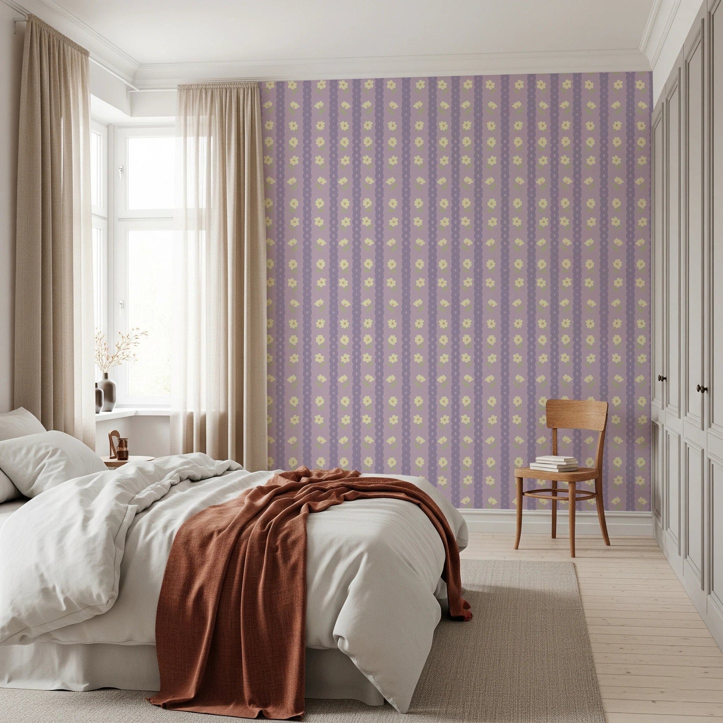 Floral Lavender Stripe wallpaper mural in a bedroom with a white bed and rust throw, lavender and cream florals