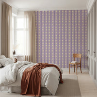 Floral Lavender Stripe wallpaper mural in a bedroom with a white bed and rust throw, lavender and cream florals