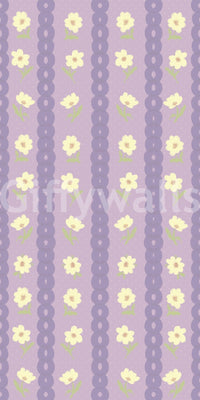 Floral Lavender Stripe wallpaper close-up showing cream daisies on lavender scalloped stripes