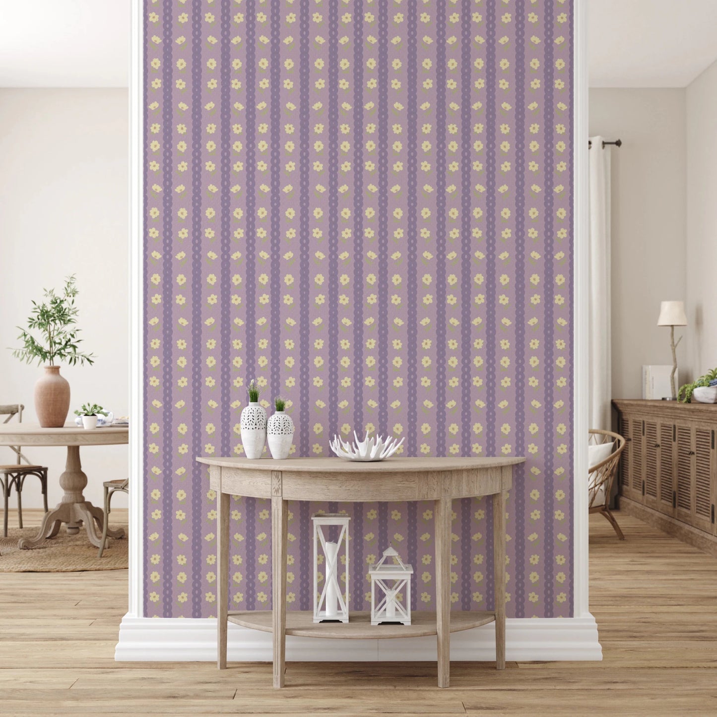 Floral Lavender Stripe wallpaper mural on an entryway divider behind a wood demilune console, lavender stripes