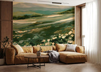 Nature inspired wallpaper for walls displaying lush valley views and wild blossoms.
