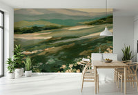 Scenic view wallpaper depicting grassy fields and distant peaks in soft pastel hues.
