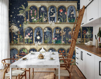 Floral night garden wallpaper behind TV unit, tidy lounge statement wall