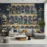 Blue garden wall mural for dining area, modern floral home styling look