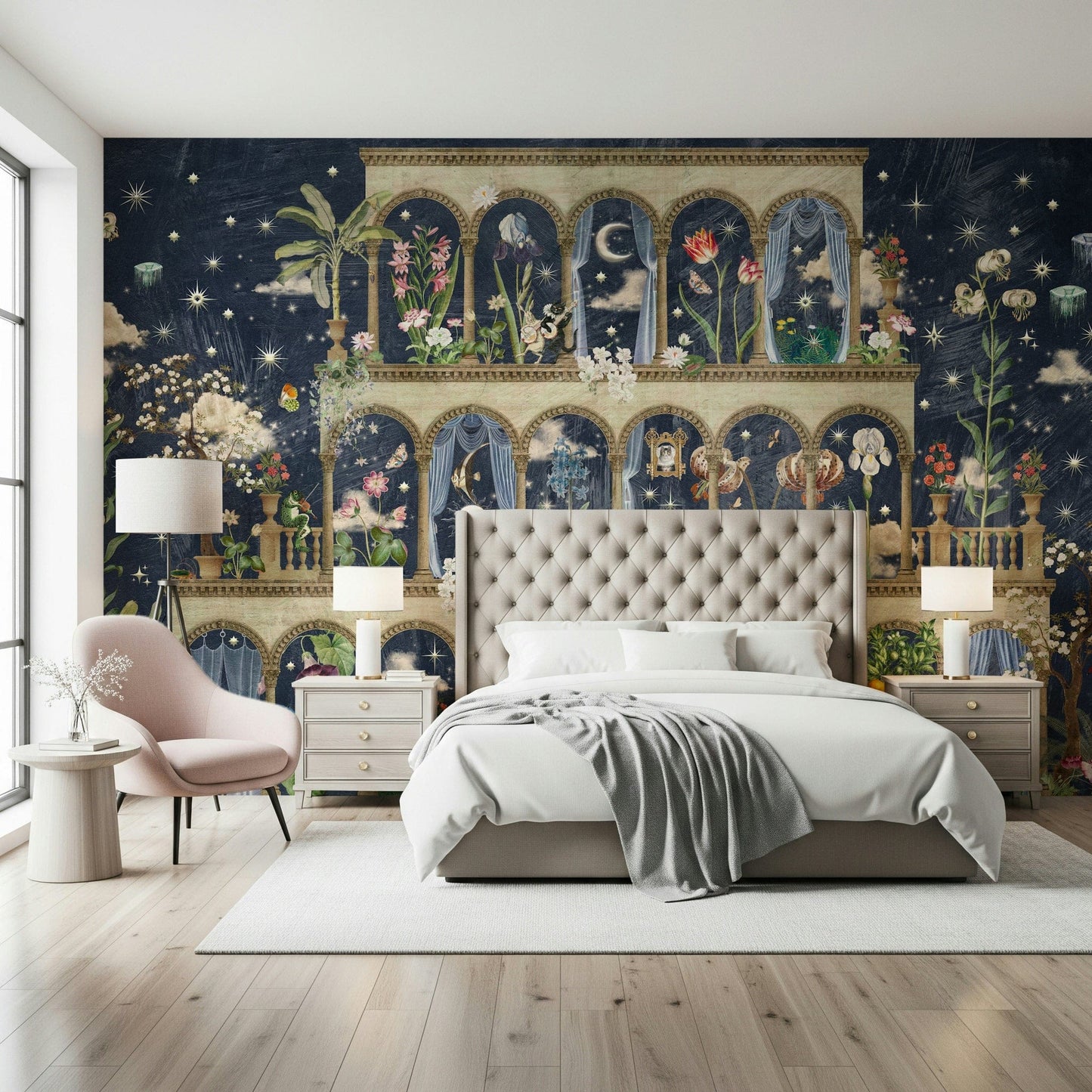 Night garden floral mural in entryway, deep blue background behind timber console
