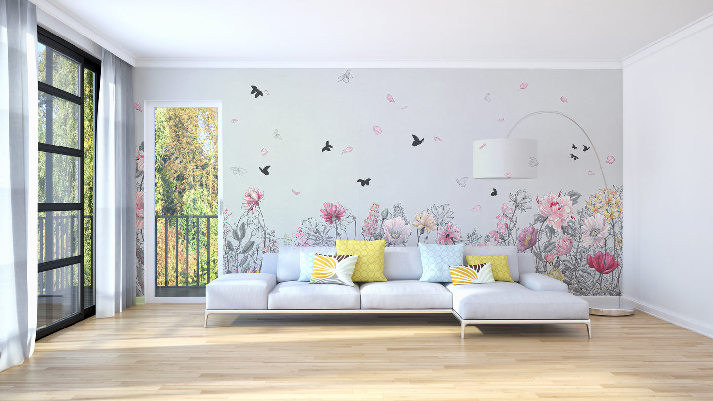 Serene Floral Orchard wallpaper mural close-up showing the pattern detail and texture