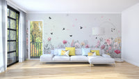 Serene Floral Orchard wallpaper mural close-up showing the pattern detail and texture