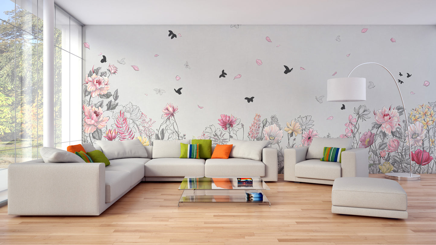 Serene Floral Orchard wallpaper mural styled along a hallway feature wall near a console in pink tones