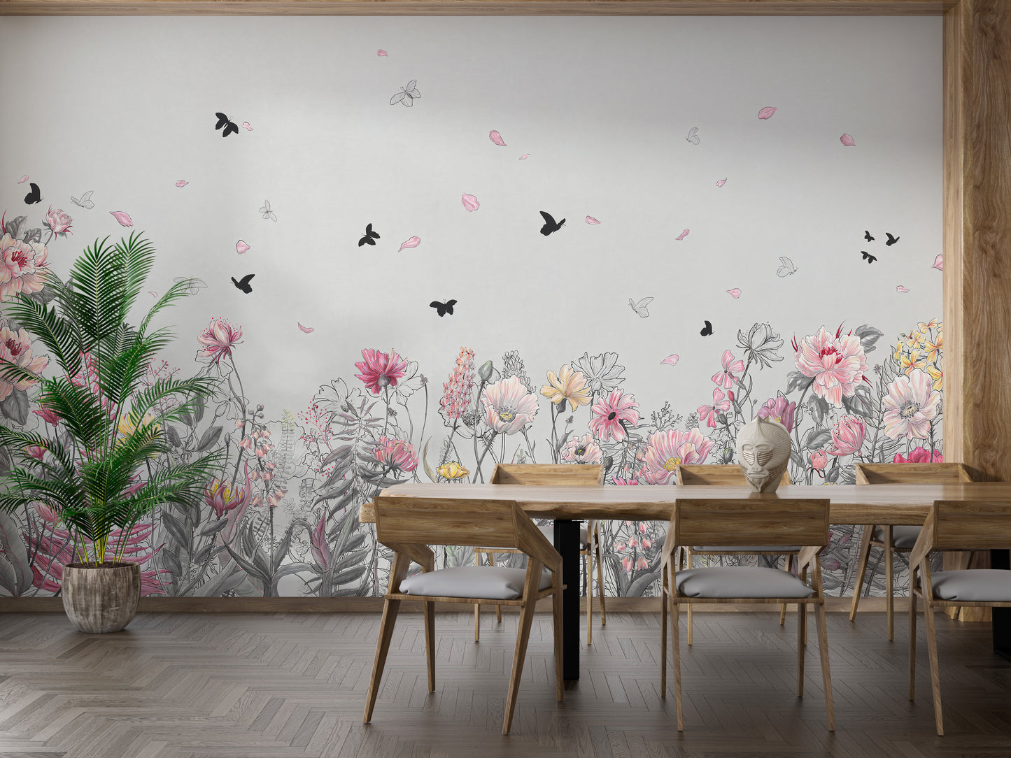 Serene Floral Orchard wallpaper mural as a feature wall in a home office workspace in pink tones