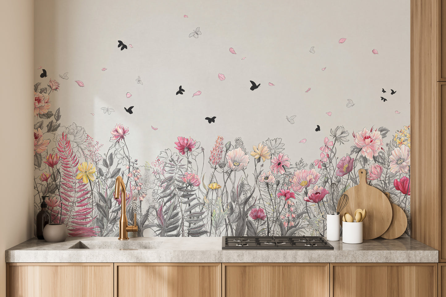 Serene Floral Orchard wallpaper mural styled as a feature wall behind a dining table and chairs in pink tones
