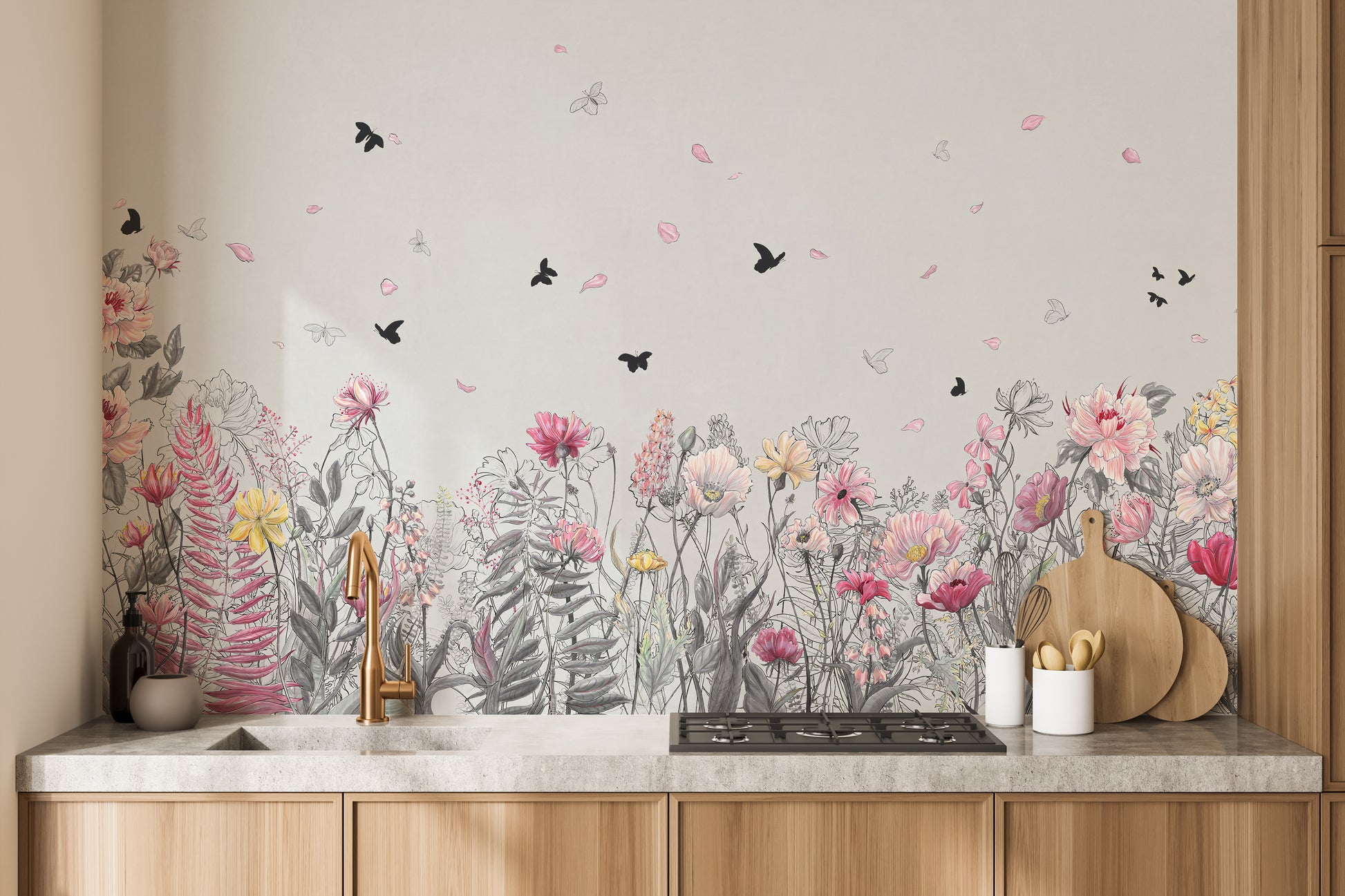Serene Floral Orchard wallpaper mural styled as a feature wall behind a dining table and chairs in pink tones