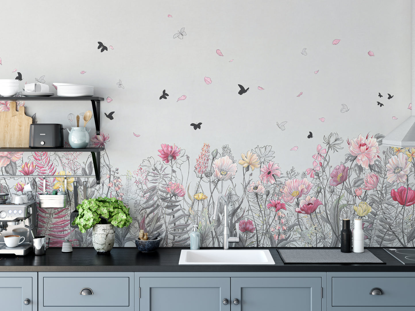 Serene Floral Orchard wallpaper mural as a bedroom feature wall behind the headboard in pink tones