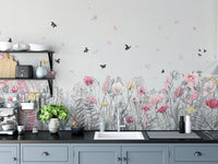Serene Floral Orchard wallpaper mural as a bedroom feature wall behind the headboard in pink tones