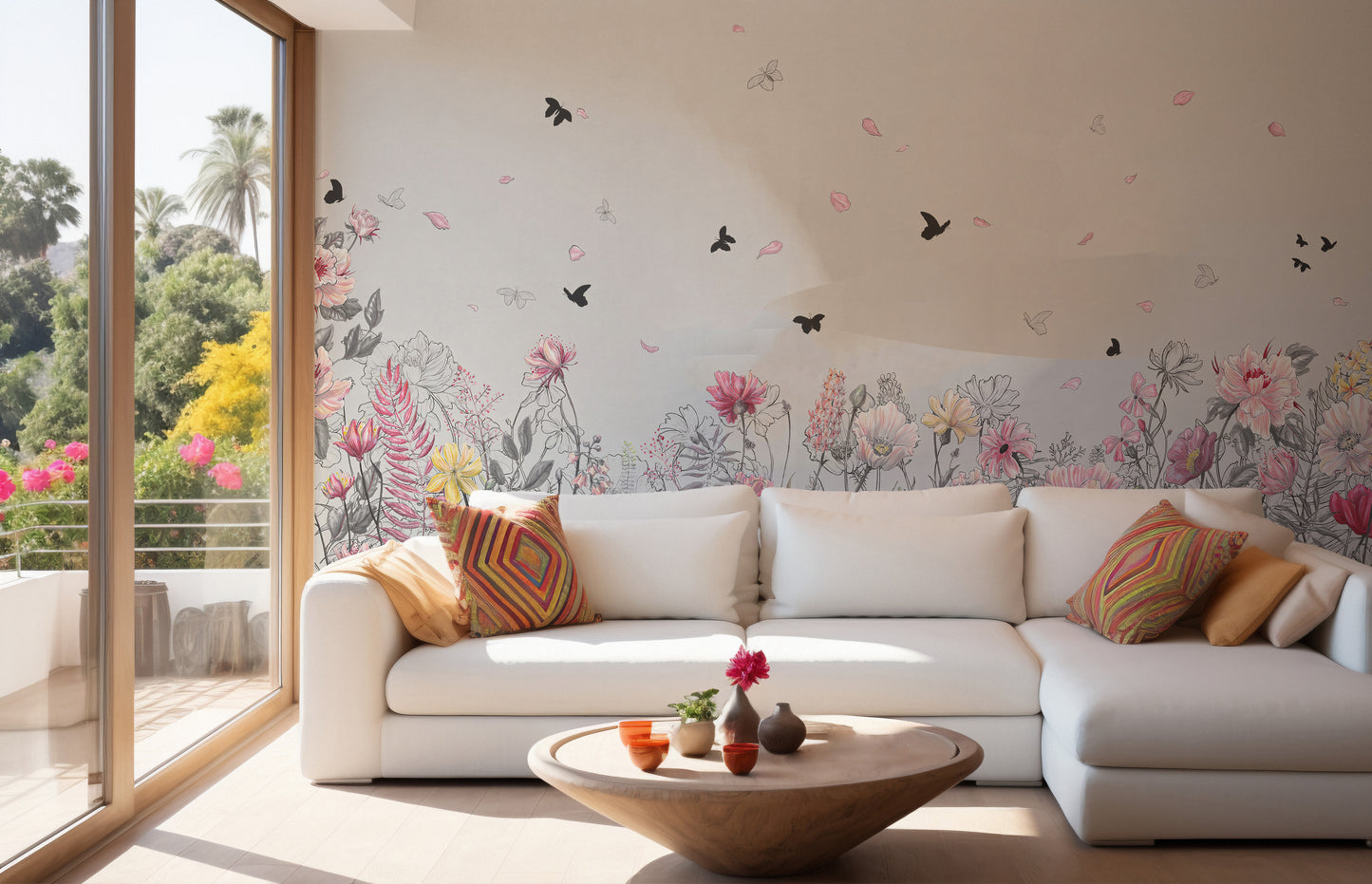 Serene Floral Orchard wallpaper mural shown as a full feature wall that highlights the design