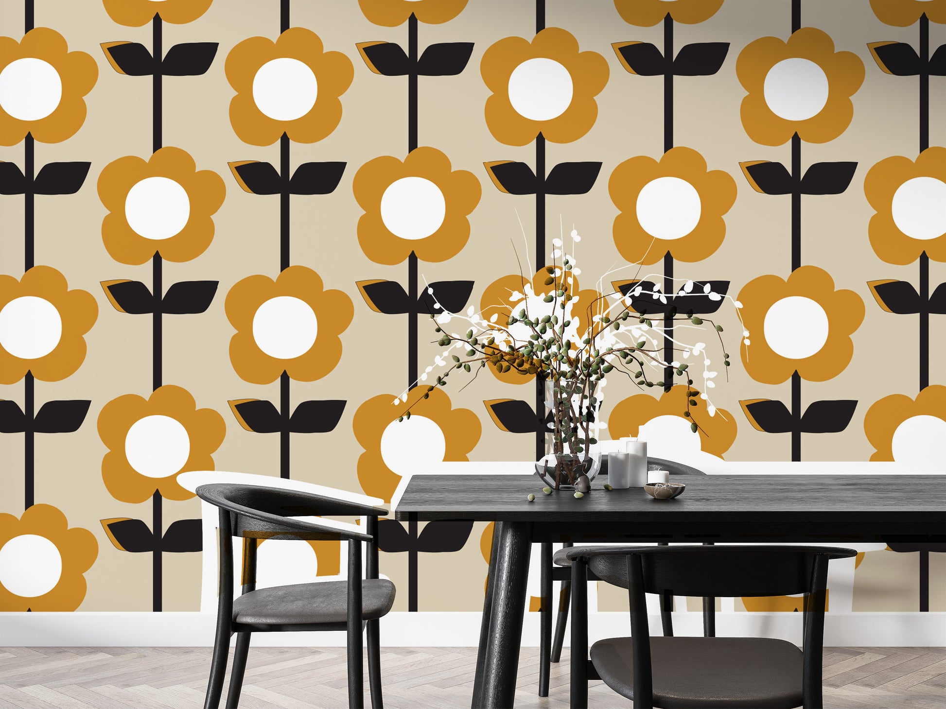 Floral Pearl Yellow Color Retro Wallpaper for bold spaces