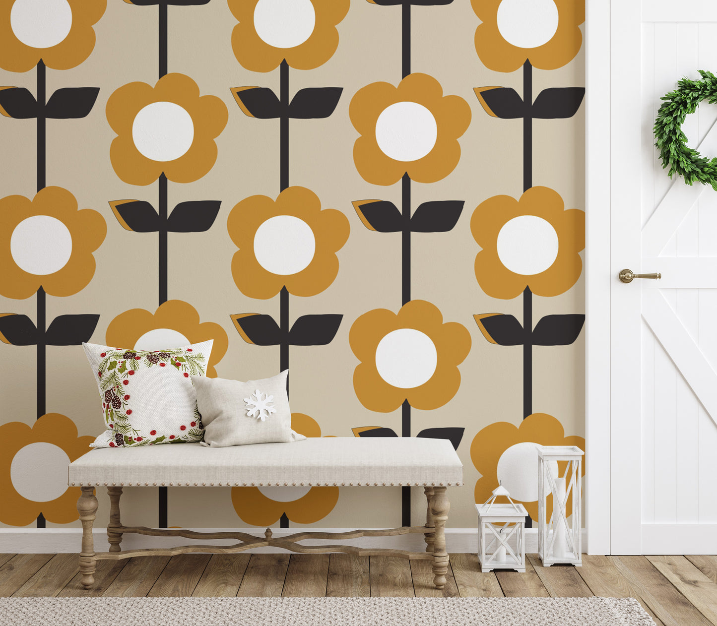 Chic design with Floral Pearl Yellow Color Retro Wallpaper