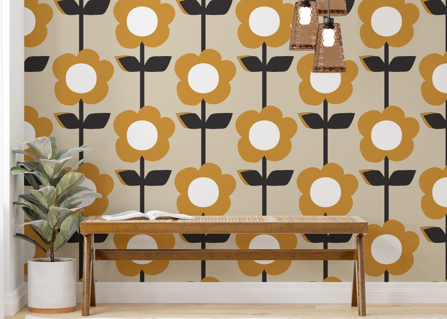 Artistic Floral Pearl Yellow Color Retro Wallpaper for decor