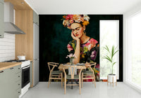 Expressive wall mural of woman with vivid flower crown

