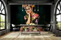 Artistic portrait mural with bold florals and colors

