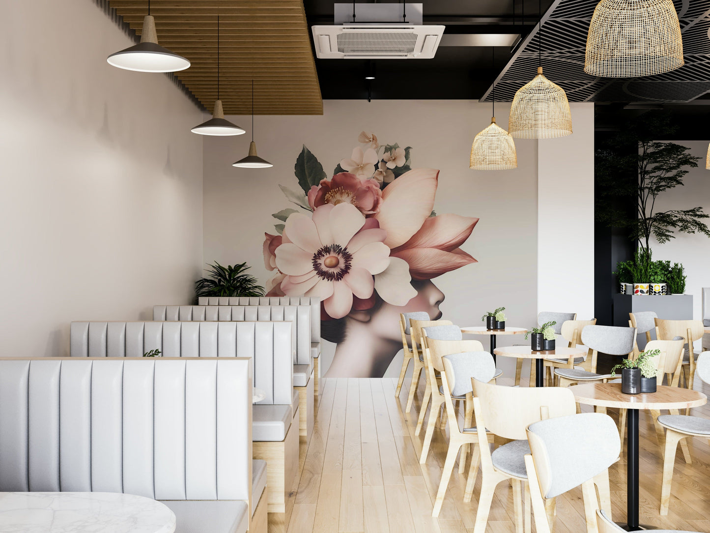 A close-up wall mural of a single or a few large flowers.
