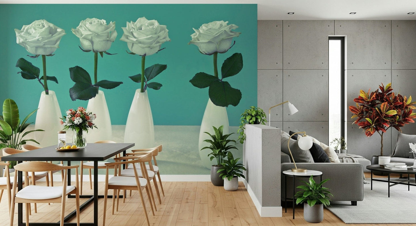 Contemporary rose wall mural with green leaves
