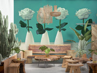 Four vases wall mural with white flowers
