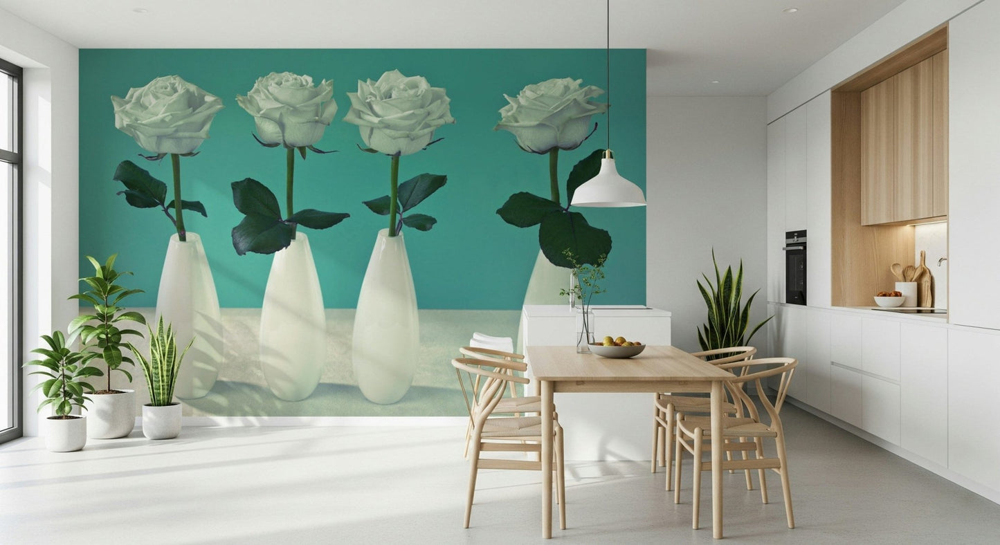Chic rose wall mural with teal background