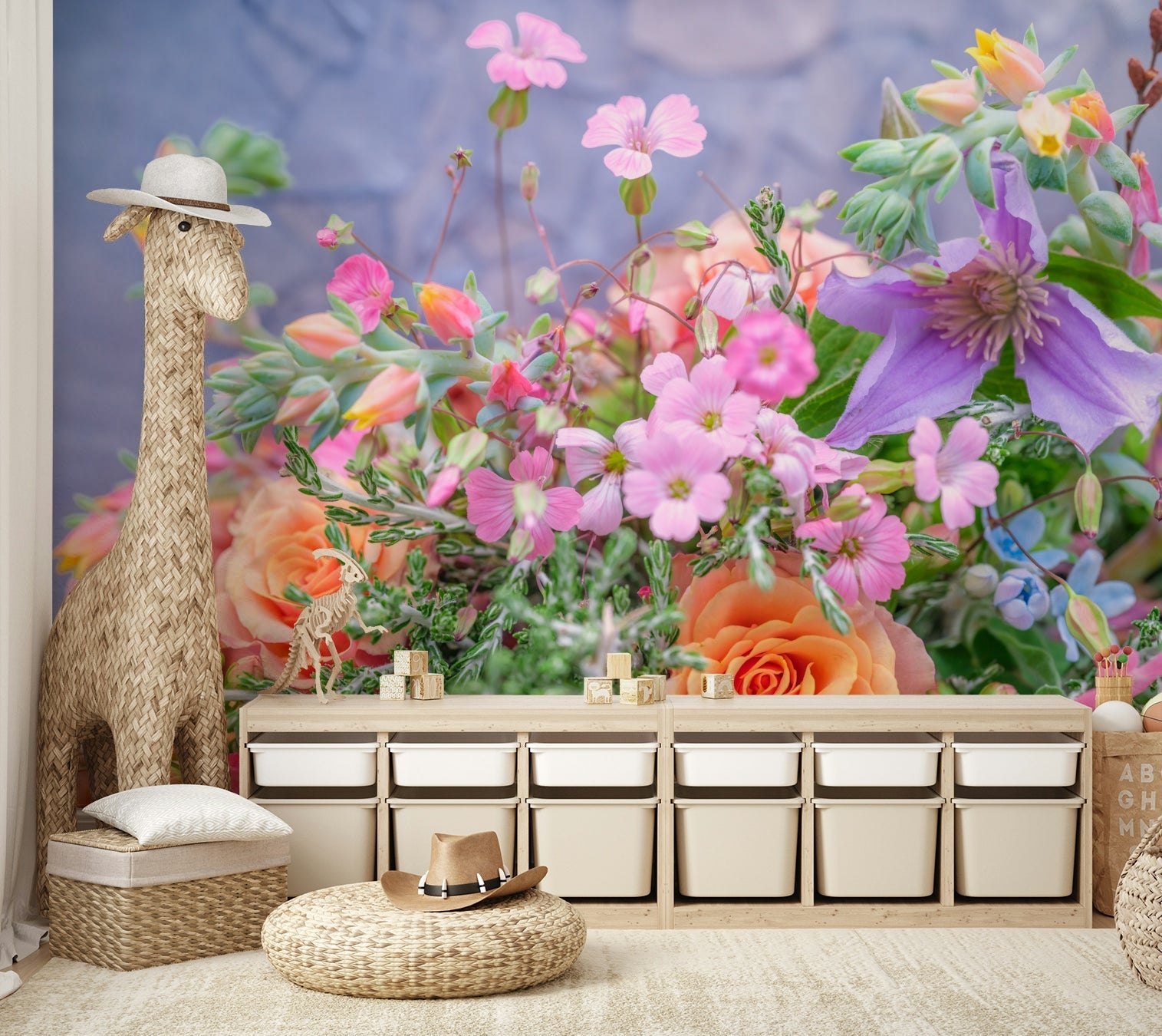 A wall mural with a vibrant floral design.

