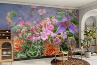 The composition is full of flowers and leaves.

