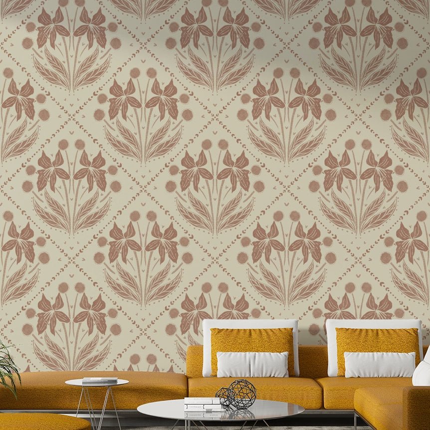 Warm, earthy terracotta wallpaper with floral motifs

