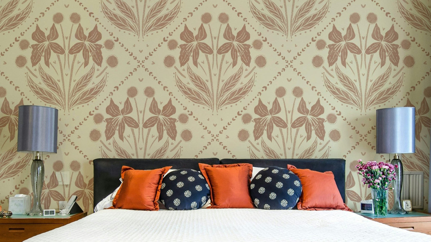 Earthy terracotta backdrop with delicate floral patterns

