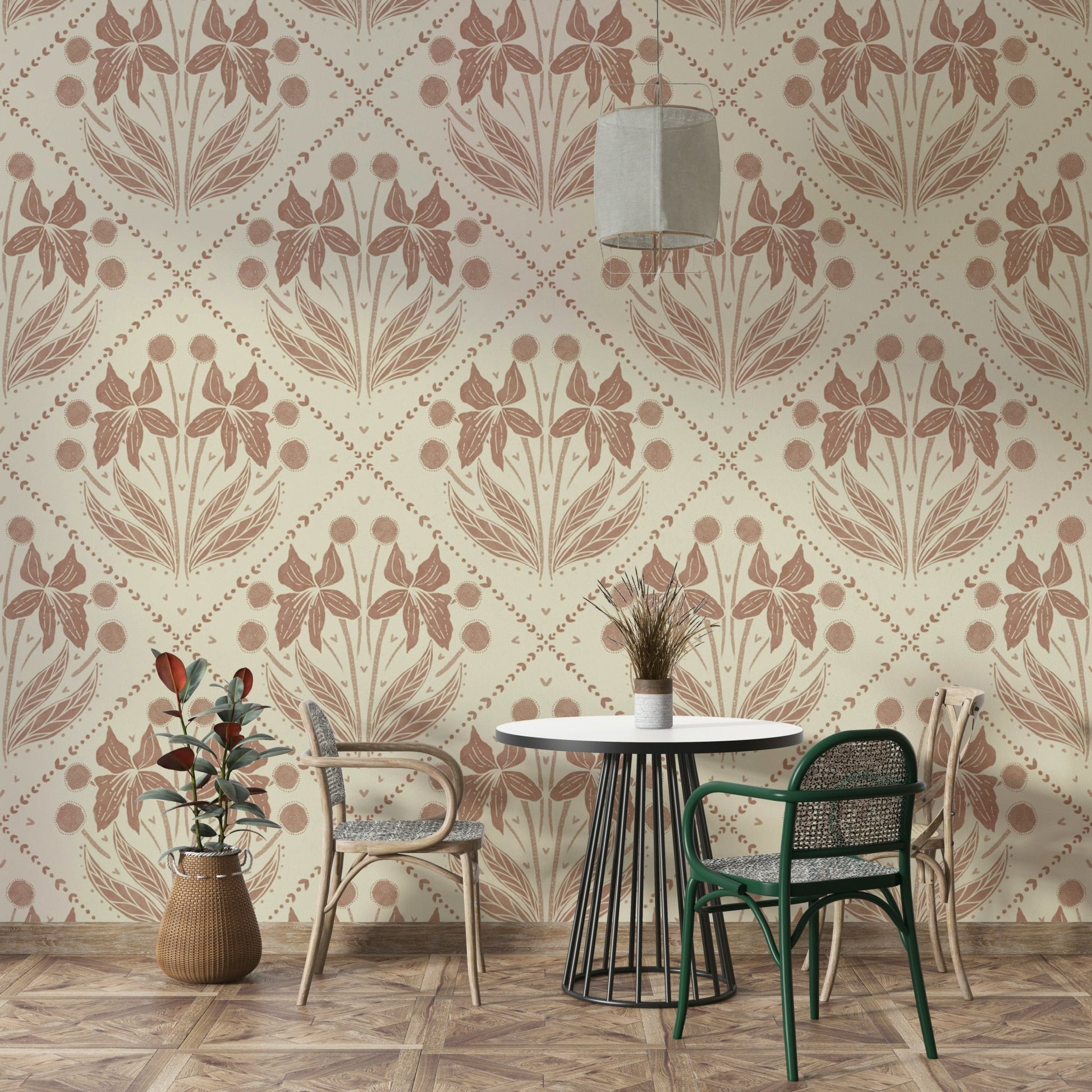 Elegant terracotta floral wallpaper with earthy tones

