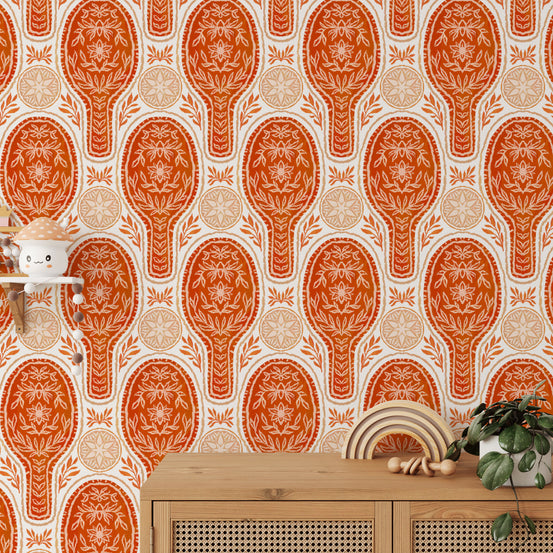 Bold floral rockets red wallpaper for a vibrant wall statement.
